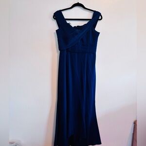 Laundry by Shelli Segal dark blue off the shoulder long evening gown.